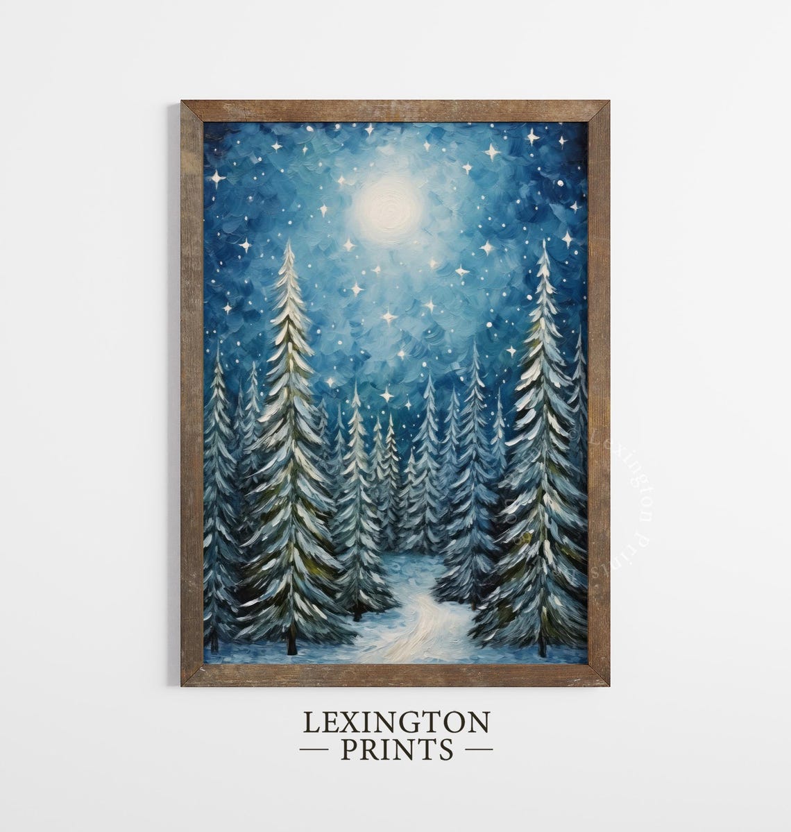 Starry Night Winter Forest with Snowy Pines Christmas Moon Wall Art - Image 4