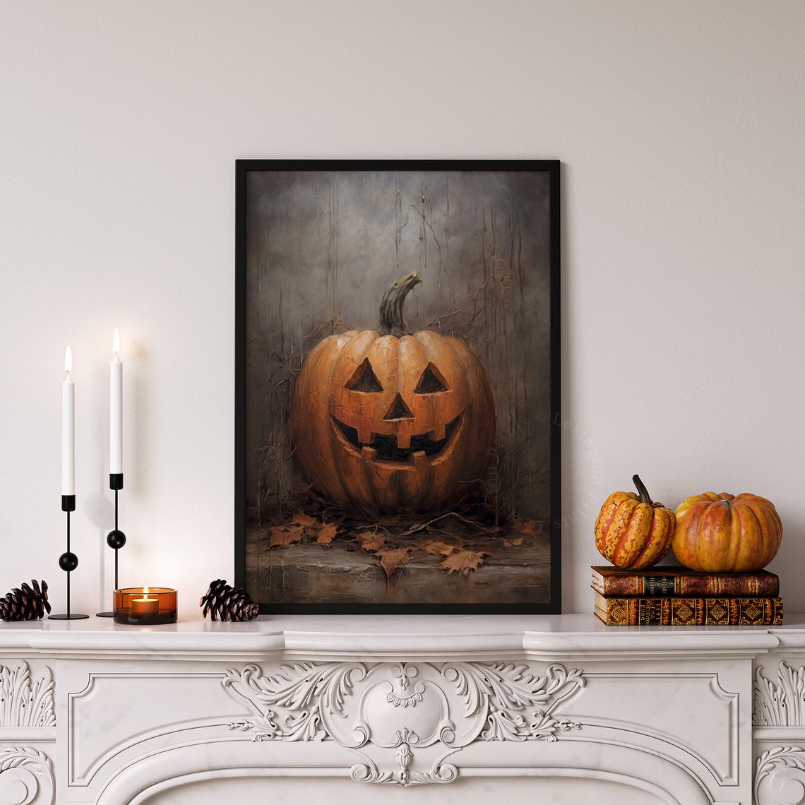 Smiling Jack-O-Lantern Pumpkin On Stone Ledge Oil Painting Fall Poster - Image 6