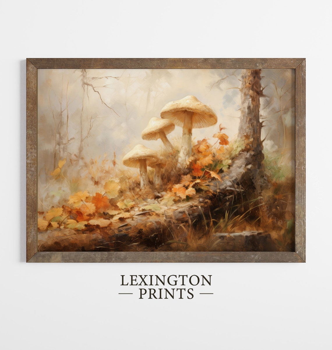 Cream Forest Mushrooms among Fall Leaves Woodland Decor Poster