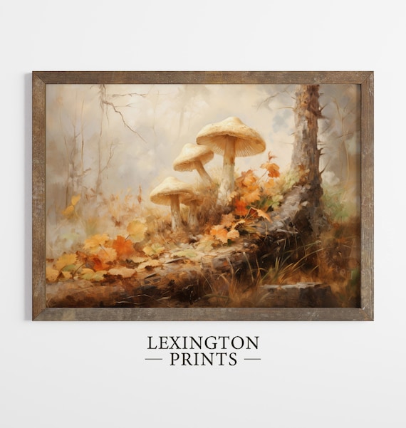 Cream Forest Mushrooms among Fall Leaves Woodland Decor Poster