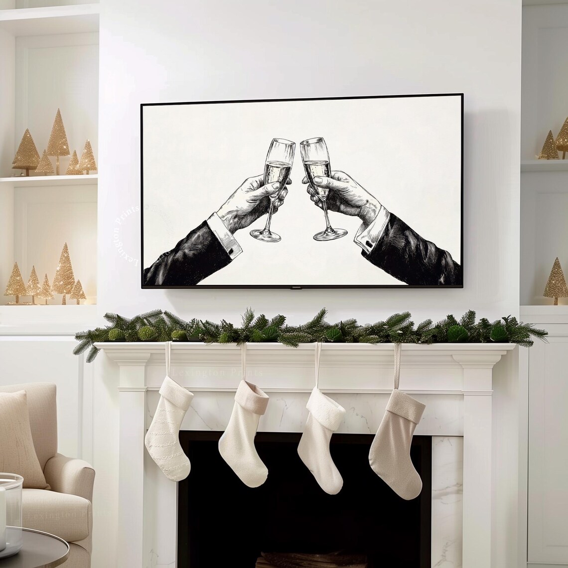 New Year Champagne Cheers Minimalist Sketch Toast TV Art Print - Image 8