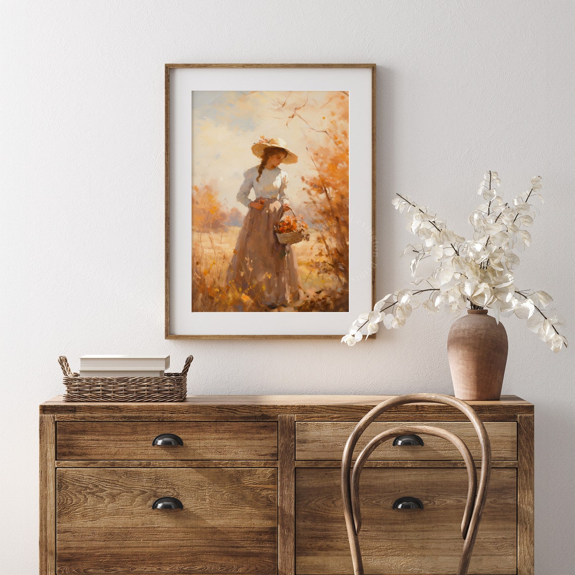 Woman with Flower Basket in Golden Autumn Field Romantic Fall Poster - Image 6