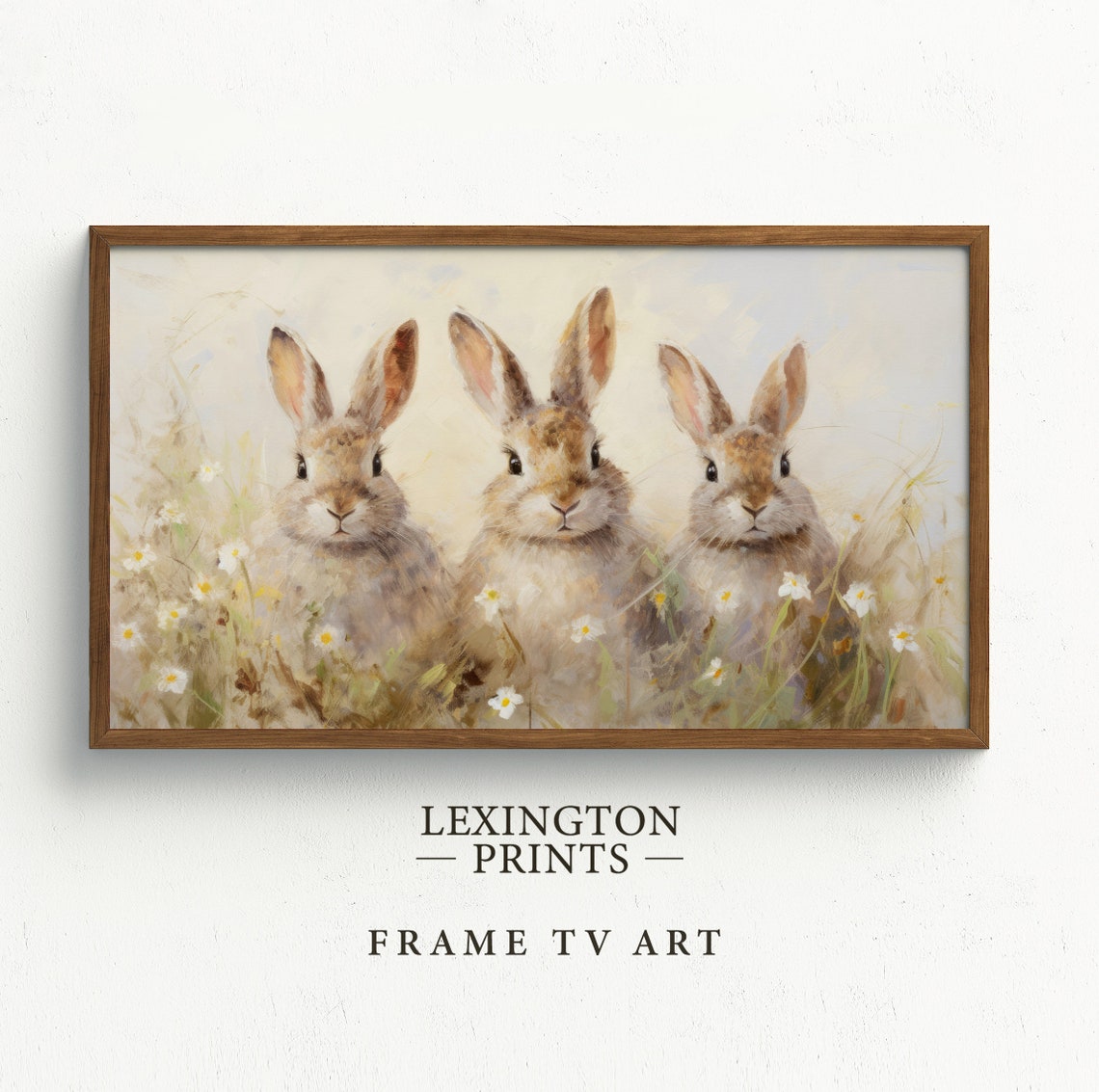 Three Cute Bunnies Among White Spring Daisies Watercolor Meadow Poster - Image 5