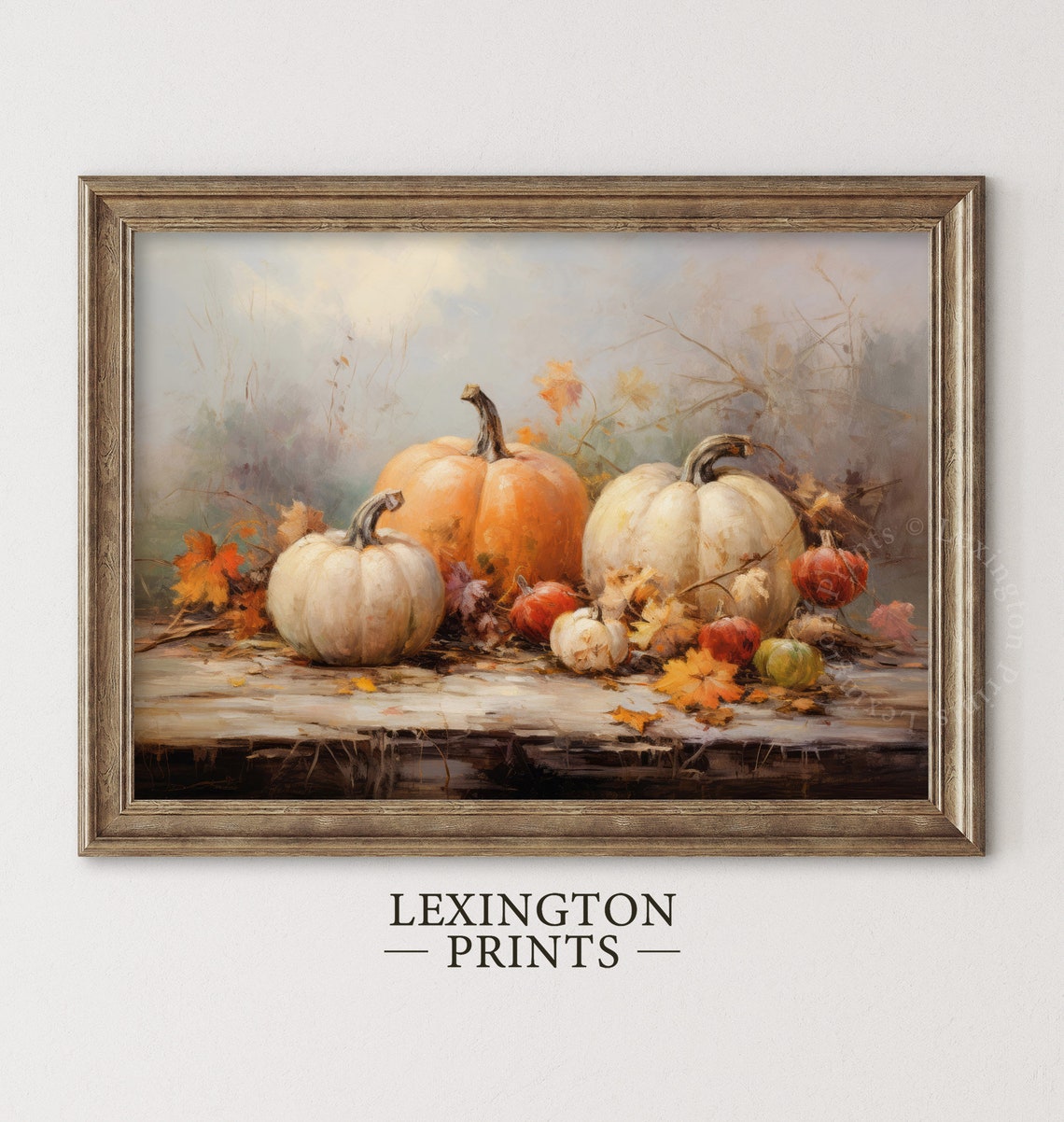 White and Orange Pumpkins Still Life on Wood Table Fall Poster - Image 2
