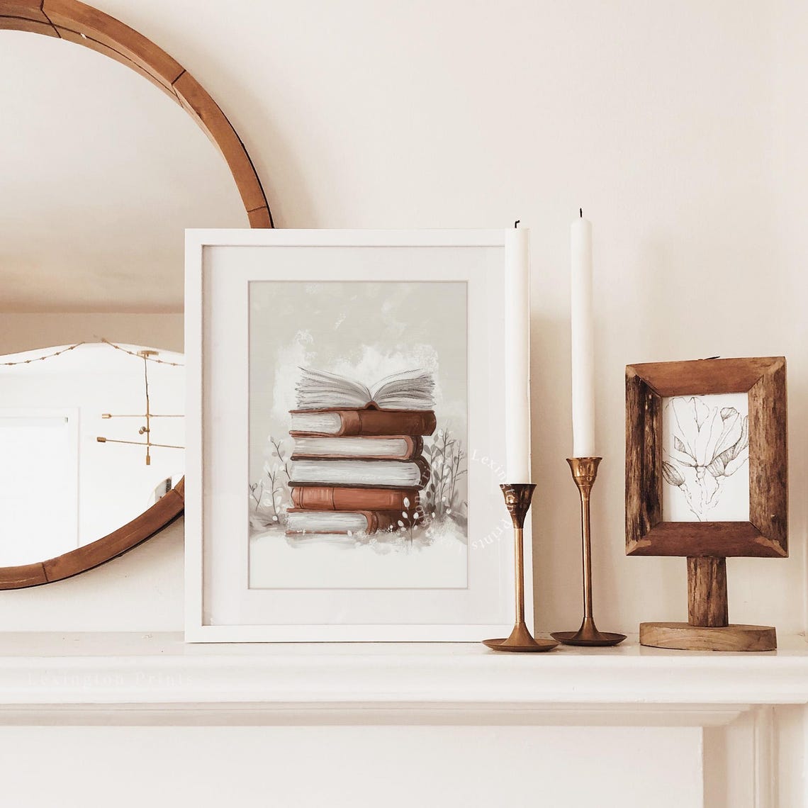 Stack of Books with Open Book Neutral Winter Reading Room Wall Art - Image 3