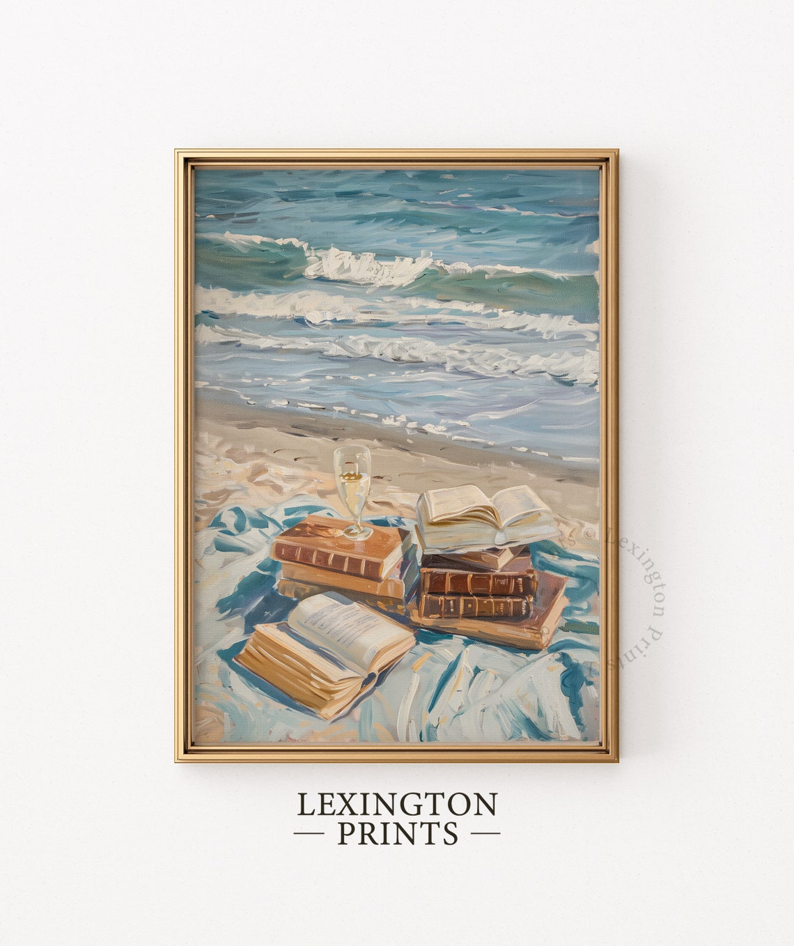 Books and Wine on the Beach Coastal Summer Oil Painting Poster - Image 6