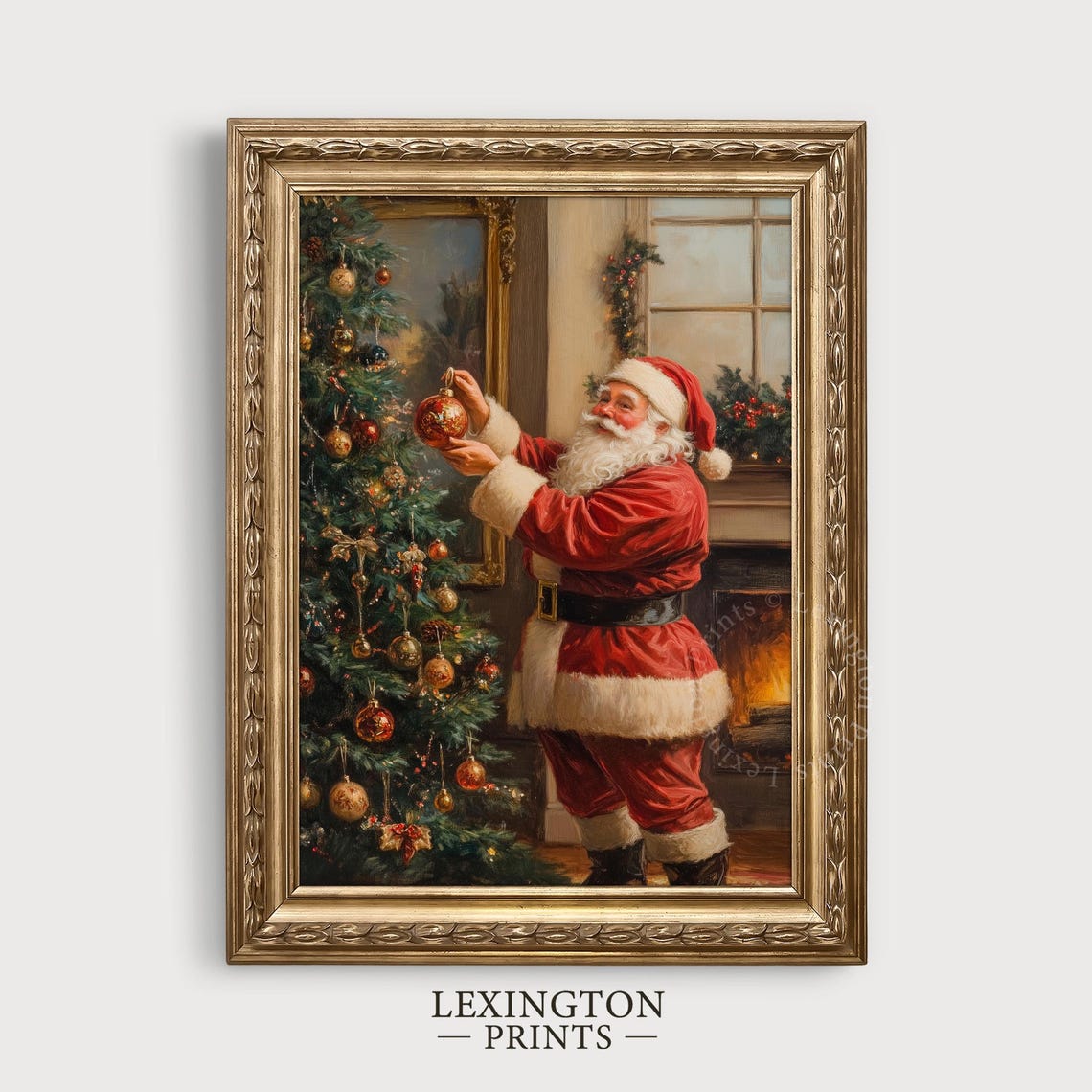 Santa Claus Decorating Christmas Tree Vintage Holiday Scene Poster - Image 3