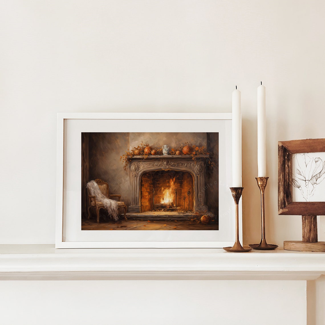 Fireplace with Burning Fire Fall Mantel Vintage Oil Painting Poster - Image 2