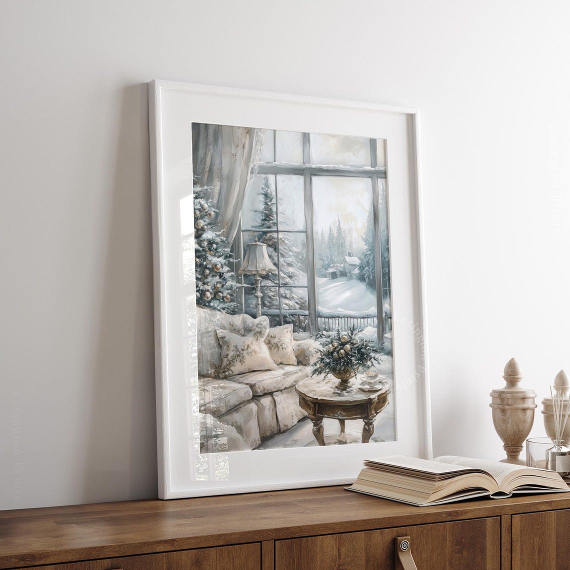 Cozy White Living Room Overlooking Snowy Pine Forest View Poster - Image 3