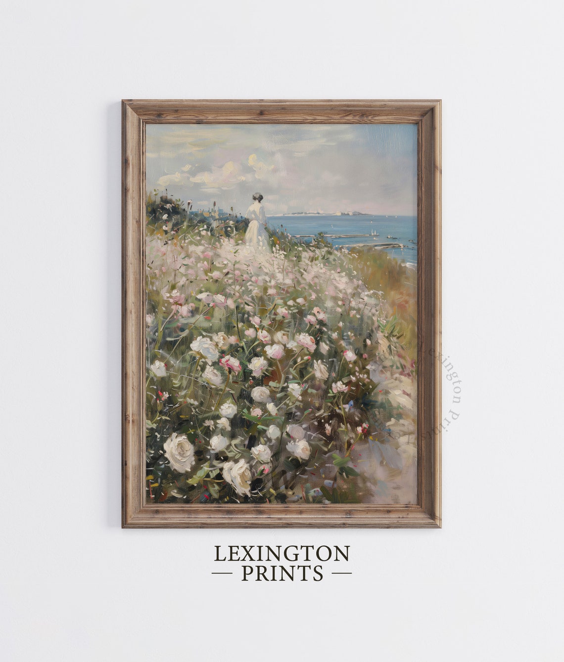 Woman Walking Through Rose Garden by the Sea Romantic Coastal Poster - Image 6