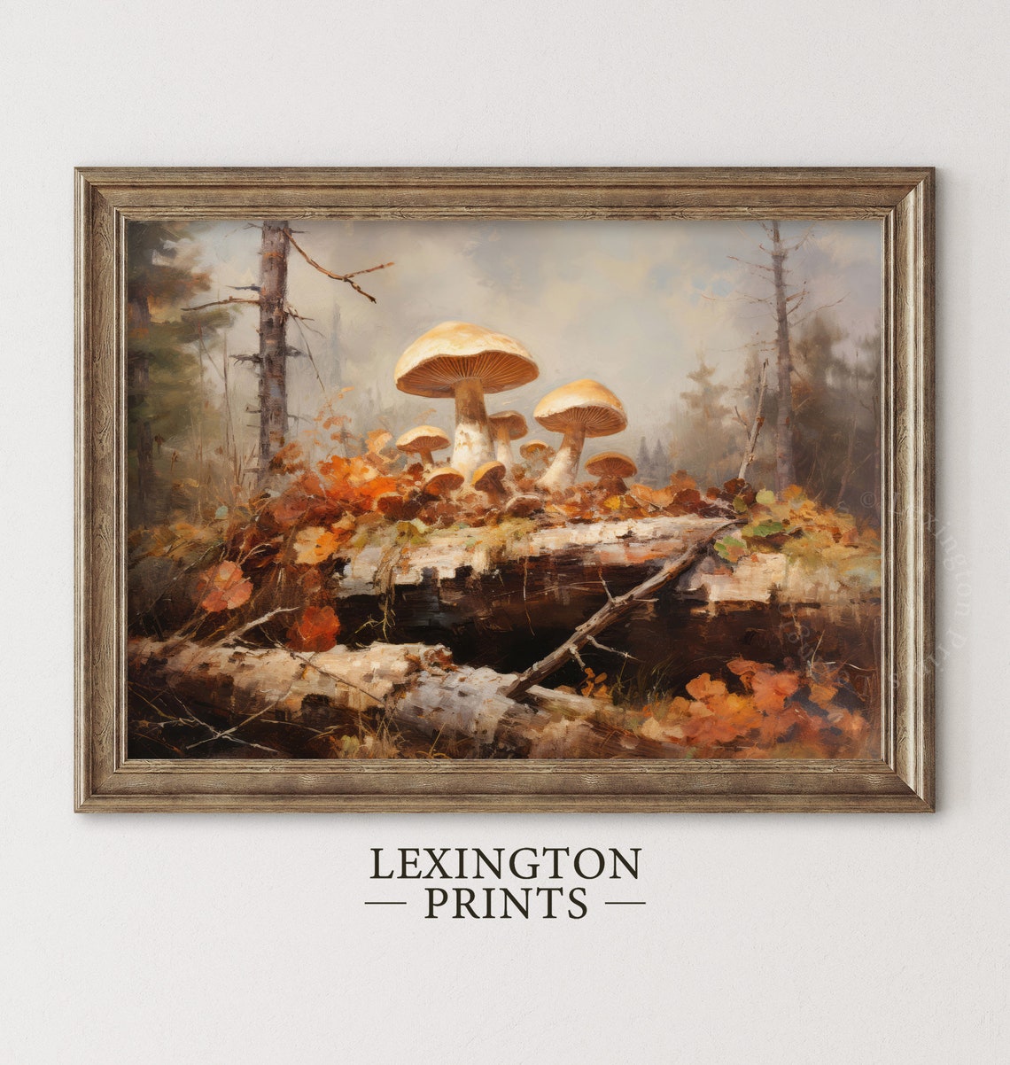 Wild Mushrooms on Fallen Log Misty Forest Oil Painting Nature Poster - Image 2