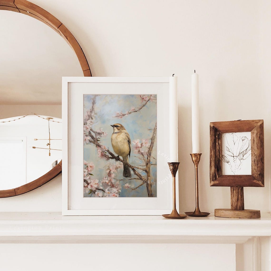 Songbird on Cherry Blossom Branch Spring Pink Floral Bird Art Poster - Image 2