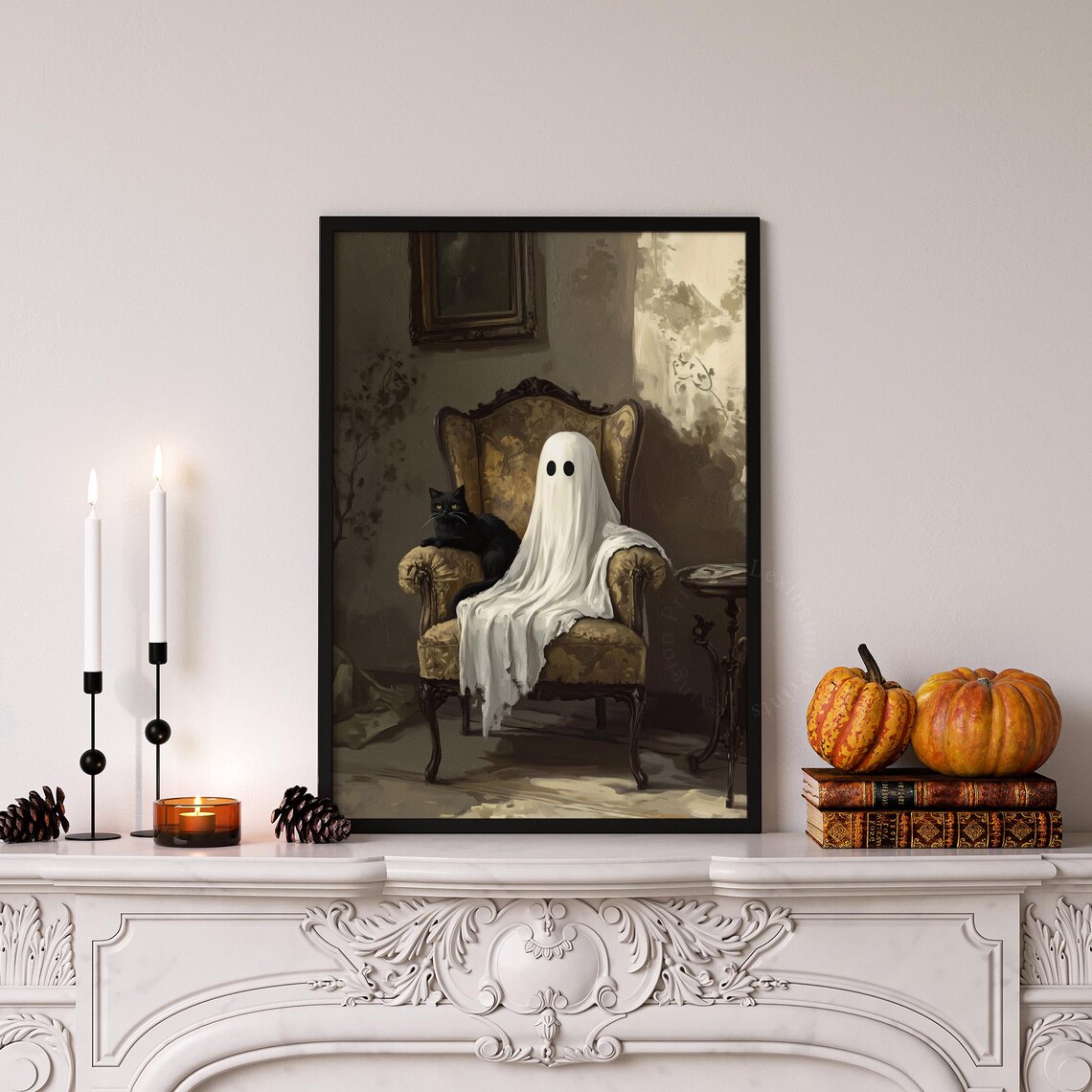 Ghost Sitting in Antique Armchair with Black Cat Moody Halloween Poster - Image 3