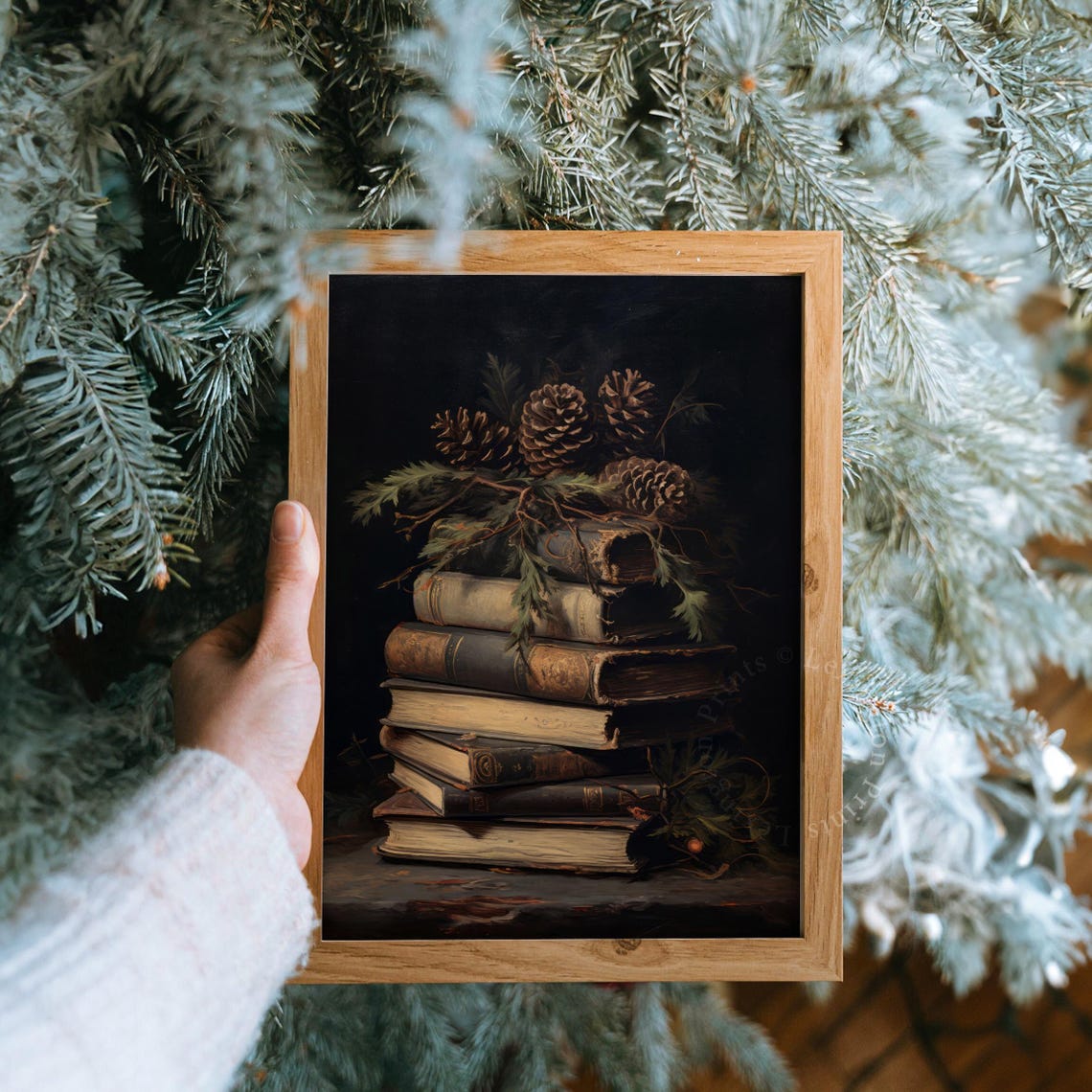 Antique Books Stack Pine Cones Dark Academia Still Life Poster - Image 6