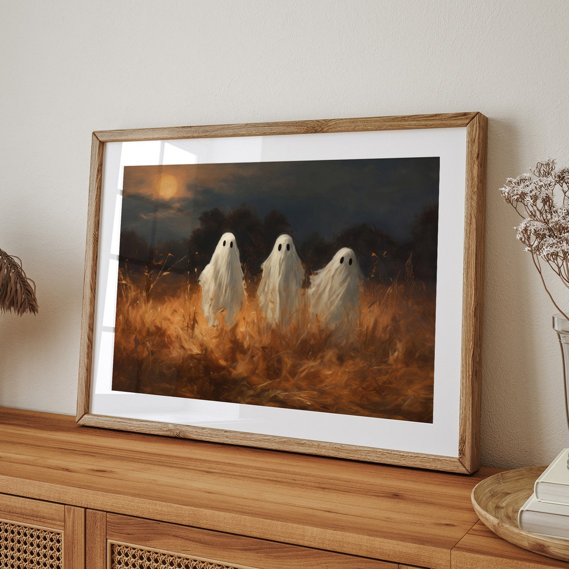 Three Ghosts in Golden Field Under Full Moon Halloween Night Poster - Image 6