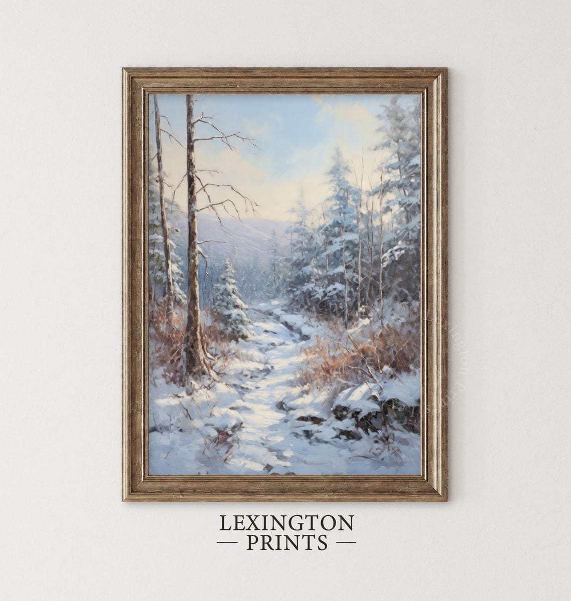 Sunlit Snowy Woodland Path Tall Pines Winter Painting Poster - Image 4