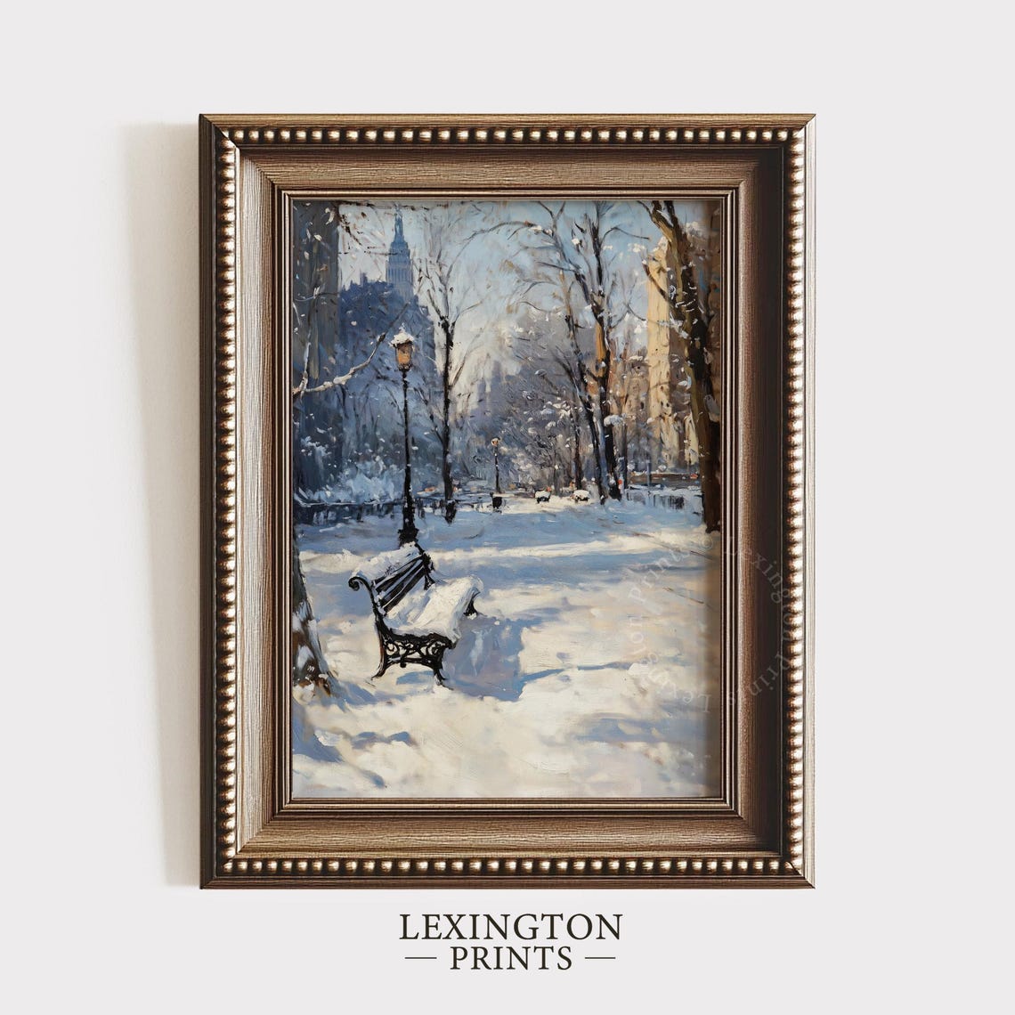 Snowy Park Bench Lamppost Quiet Winter Morning City Park Poster - Image 6