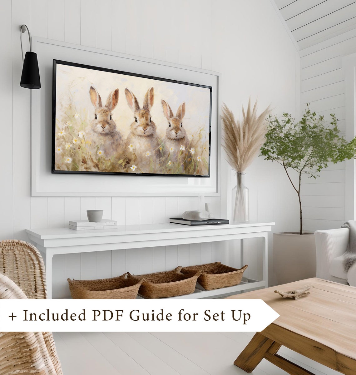 Three Cute Bunnies Among White Spring Daisies Watercolor Meadow Poster - Image 8