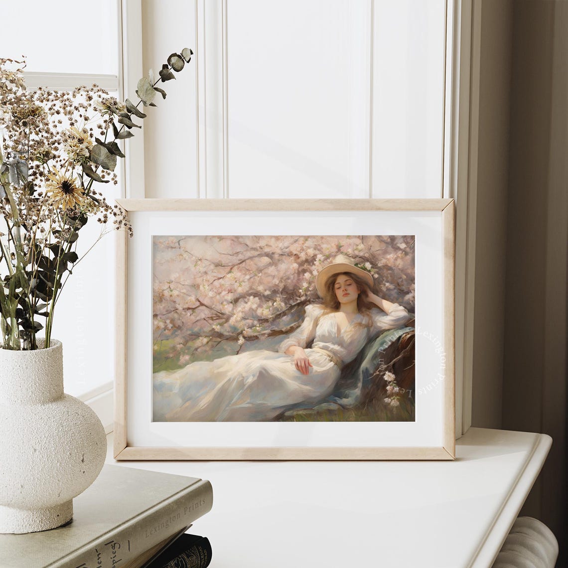 Woman Resting Under Cherry Blossom Tree in White Dress Spring Poster - Image 4
