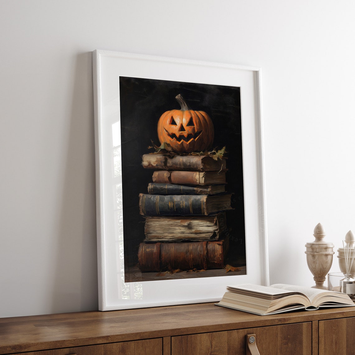 Jack-o-Lantern on Stack of Antique Books Dark Halloween Oil Poster - Image 4