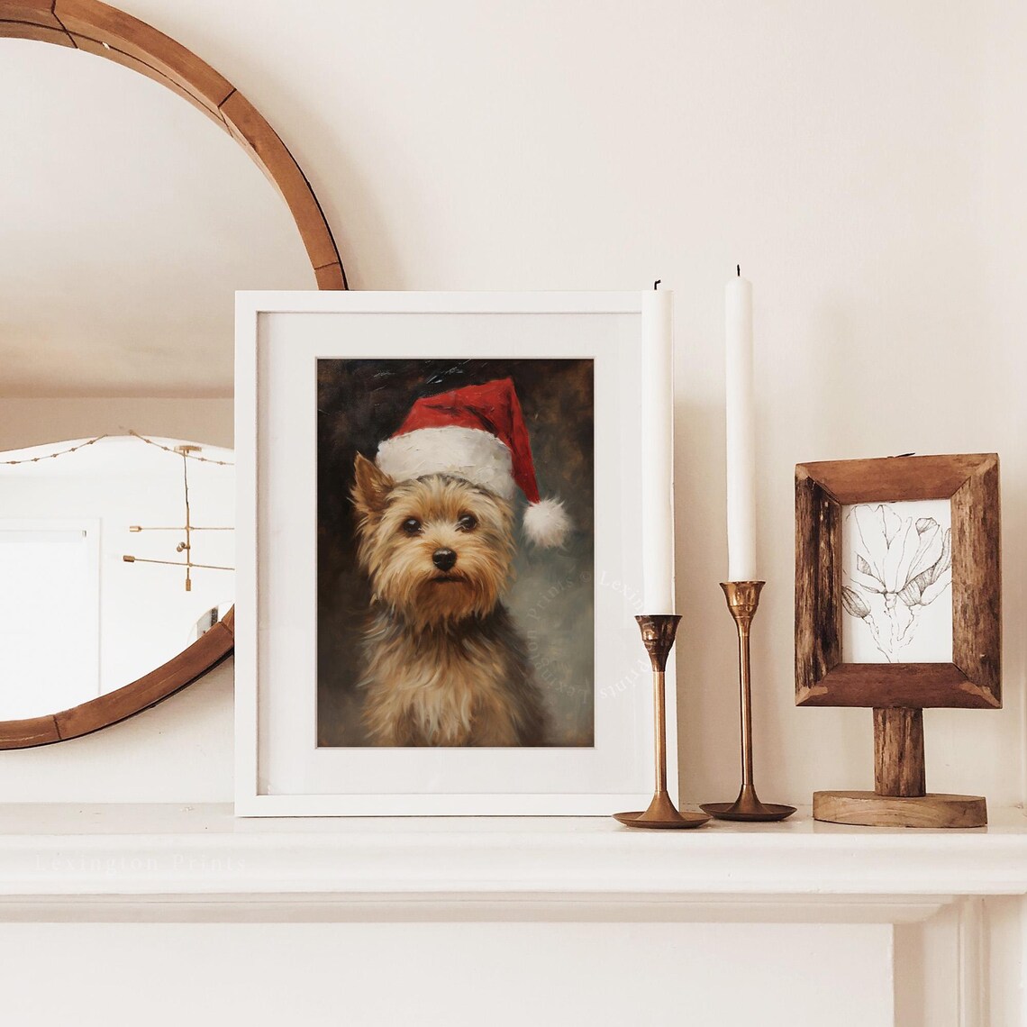 Small Dog in a Santa Hat Vintage Christmas Oil Painting Poster - Image 3