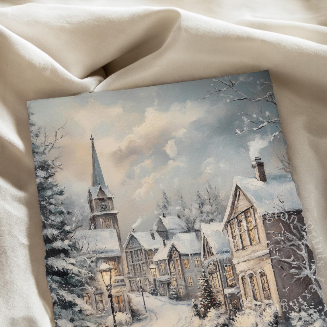 Snowy Village Church Steeple Christmas Winter Painting Poster - Image 7