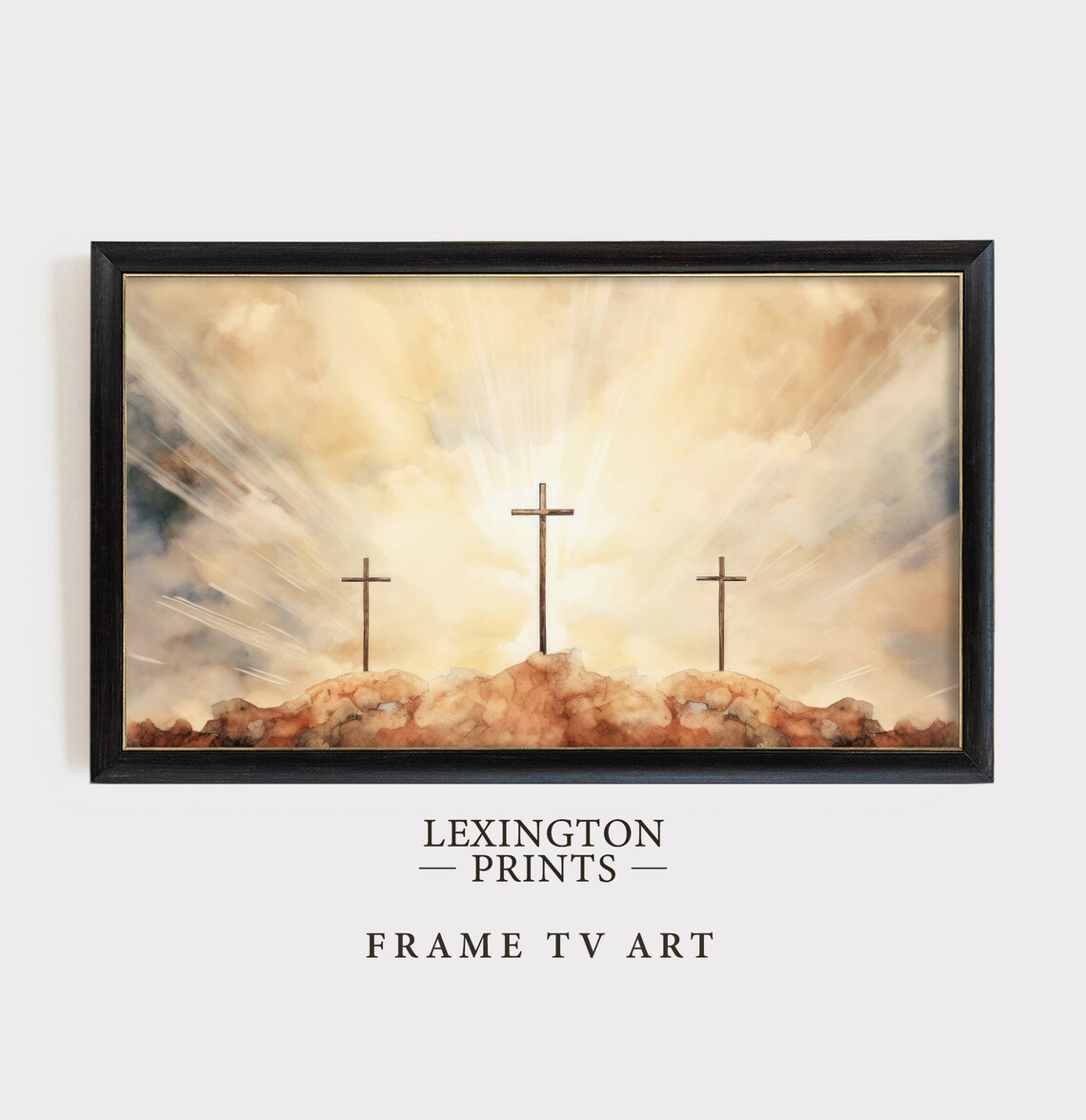Three Crosses Of Calvary Golden Sunrise Watercolor Frame TV Art Poster - Image 4