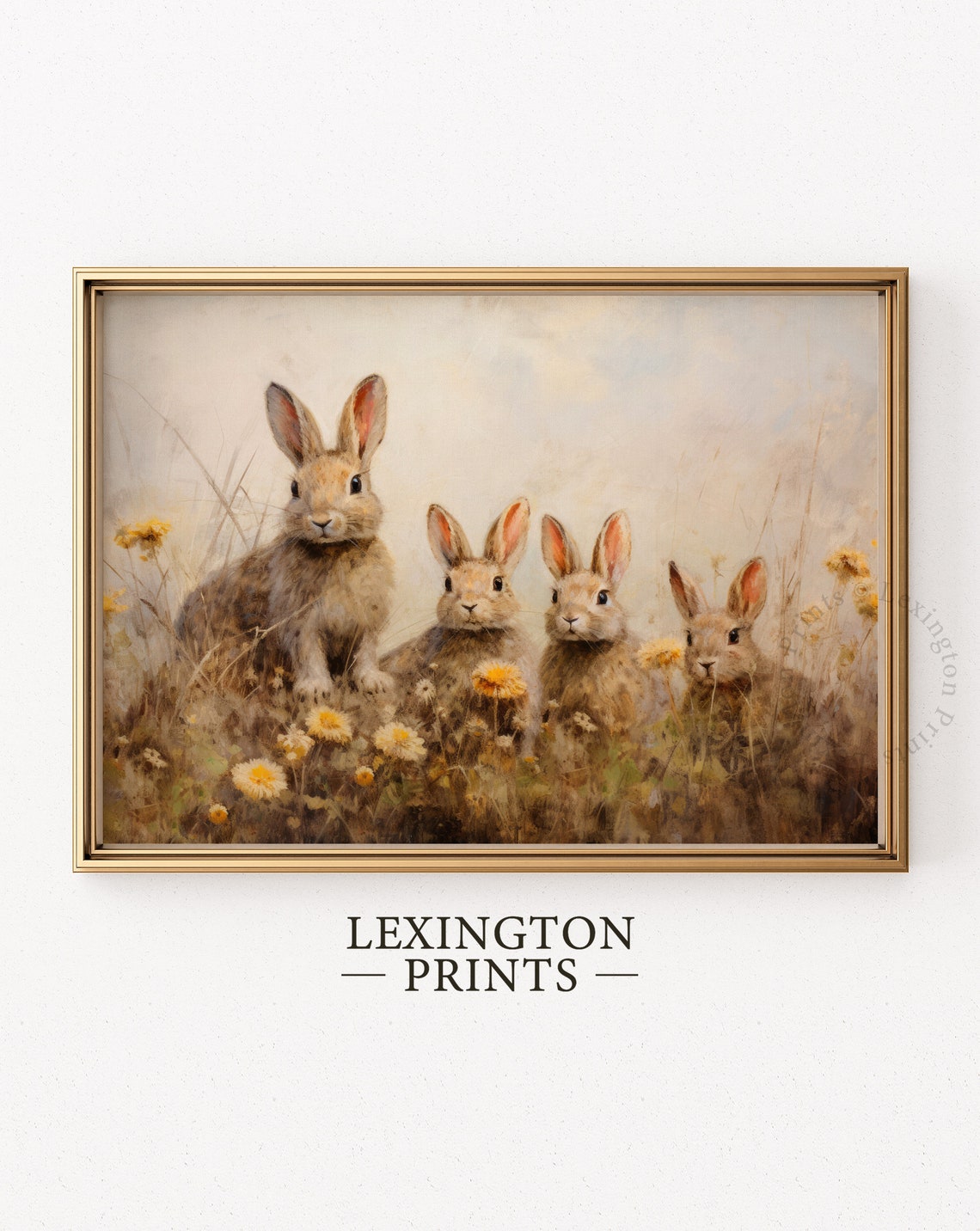 Four Bunnies in Spring Meadow with Yellow Flowers Vintage Wall Art - Image 6