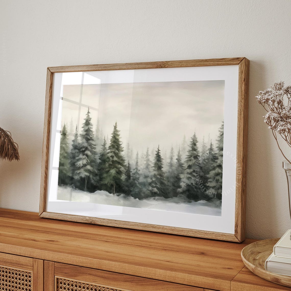 Misty Snowy Pine Forest Winter Woodland Watercolor Style Poster - Image 4