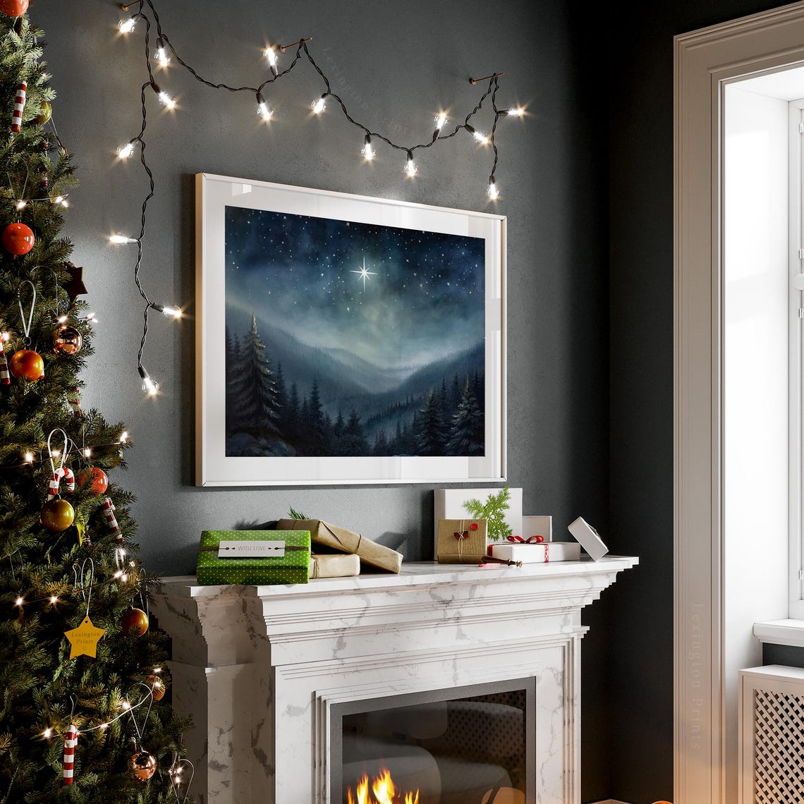 Starry Night Sky With Bright Star Over Forest Mountains Art Print - Image 5
