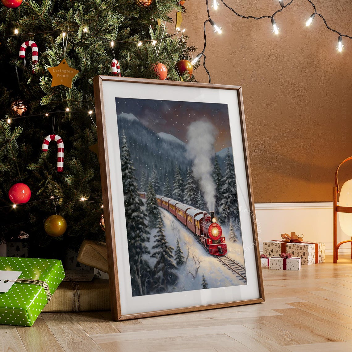 Vintage Red Steam Train Snowy Pine Forest Christmas Night Poster - Image 8