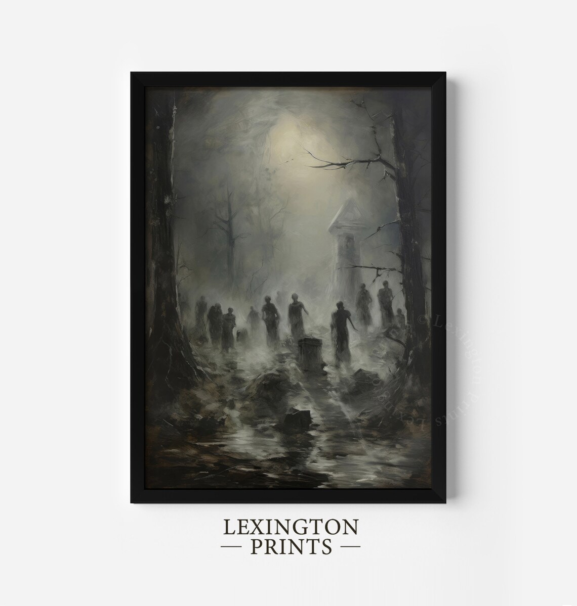 Ghostly Figures In Foggy Graveyard Misty Monastery Dark Gothic Painting Poster - Image 8