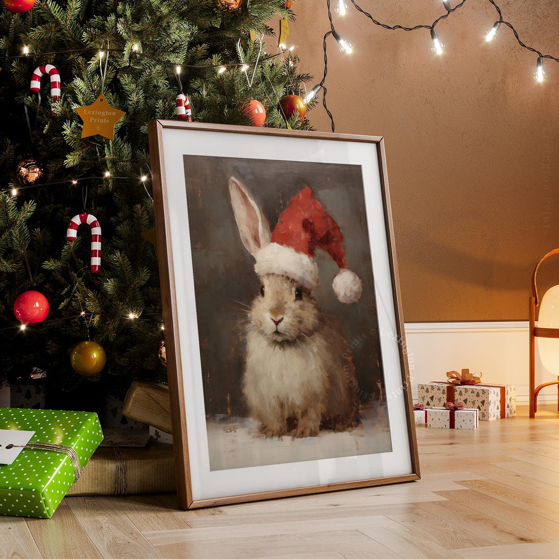 Vintage Christmas Wall Art Bunny Christmas Bunny Painting Winter Rabbit Oil Painting Pet Painting Bunny Hat Santa Christmas Decor Cute 226