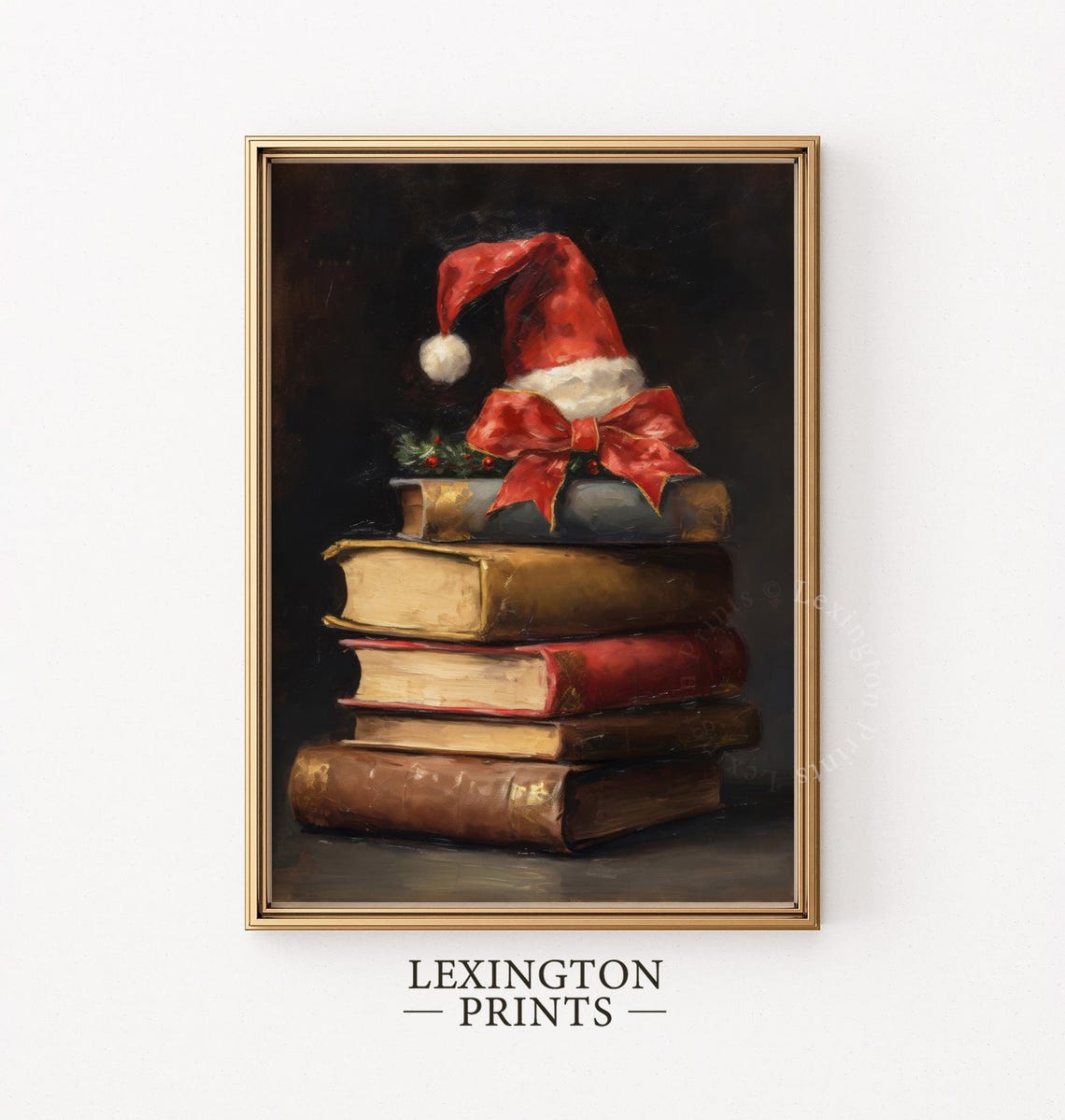 Stack of Old Books with Santa Hat and Red Bow Christmas Poster - Image 5