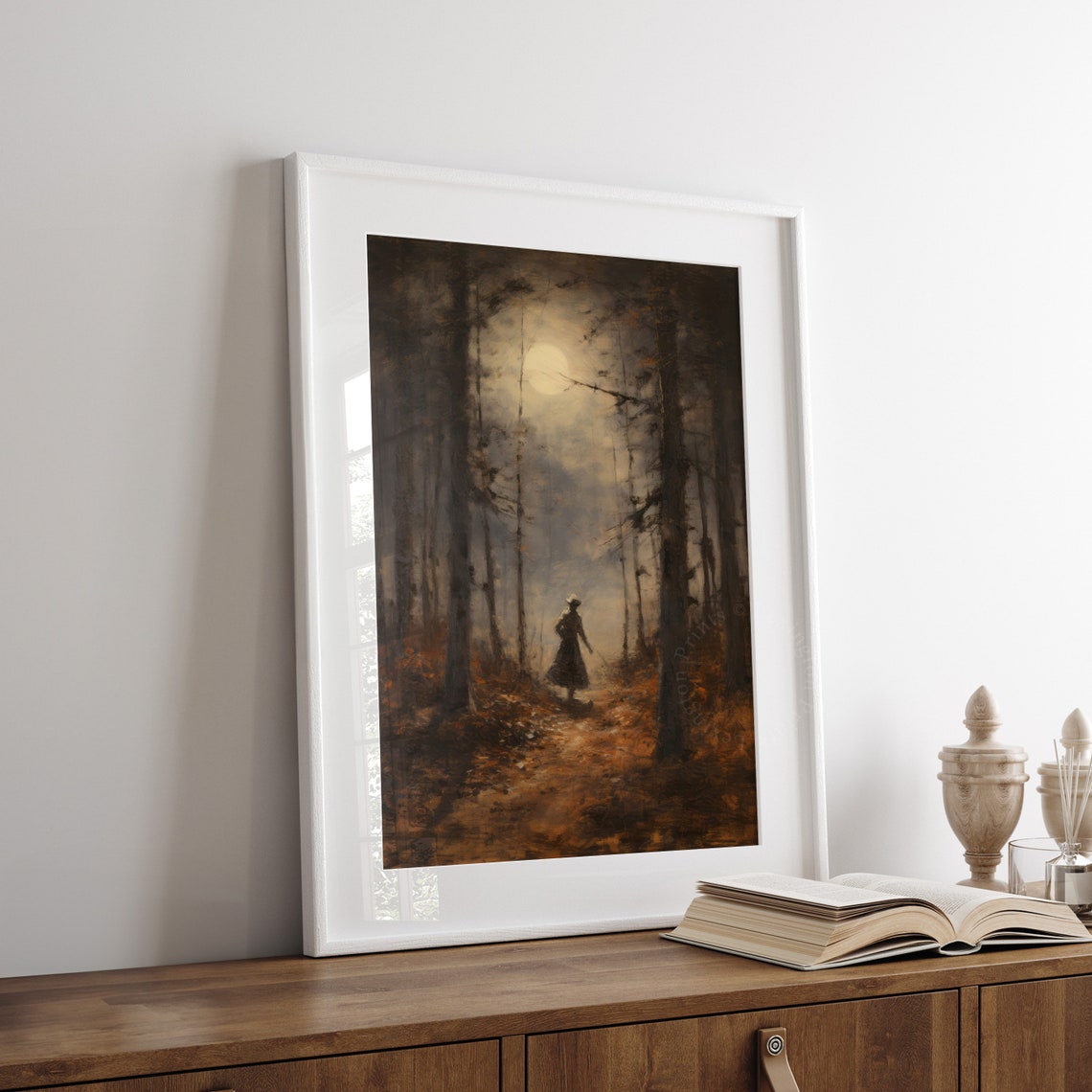 Moonlit Forest Path Lone Figure Moody Autumn Night Painting Poster - Image 6