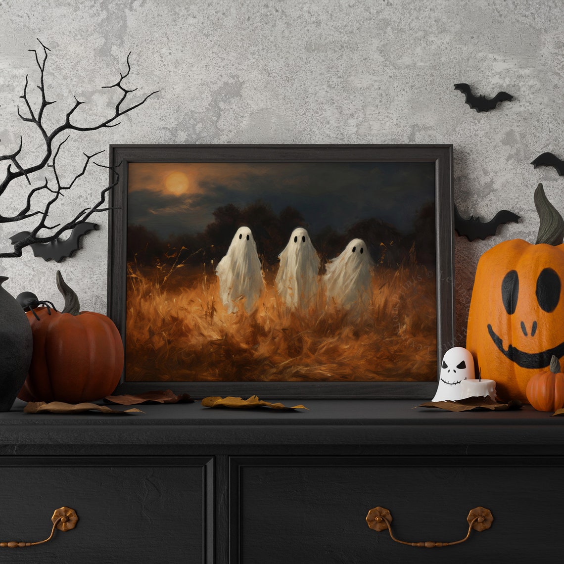 Three Ghosts in Golden Field Under Full Moon Halloween Night Poster - Image 7