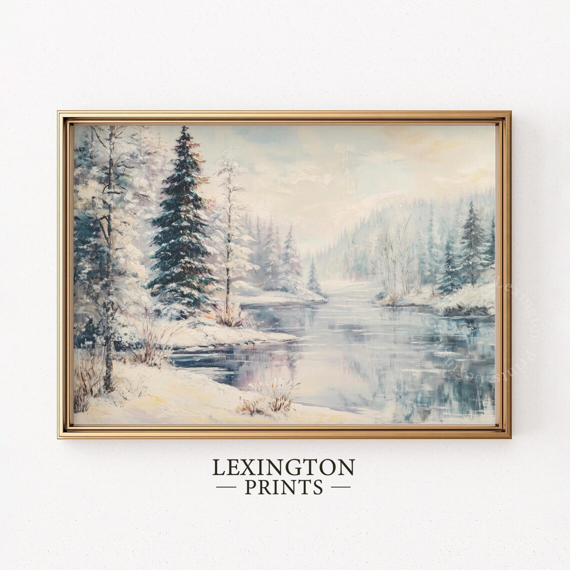 Frozen Lake Evergreen Forest Snowy Winter Landscape Painting Poster - Image 5