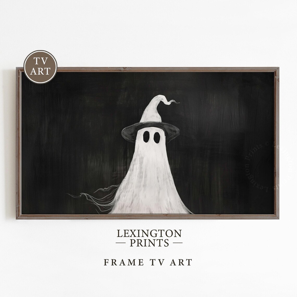 Cute Ghost Wearing Witch Hat Black Background Minimal Halloween Frame TV Art Poster