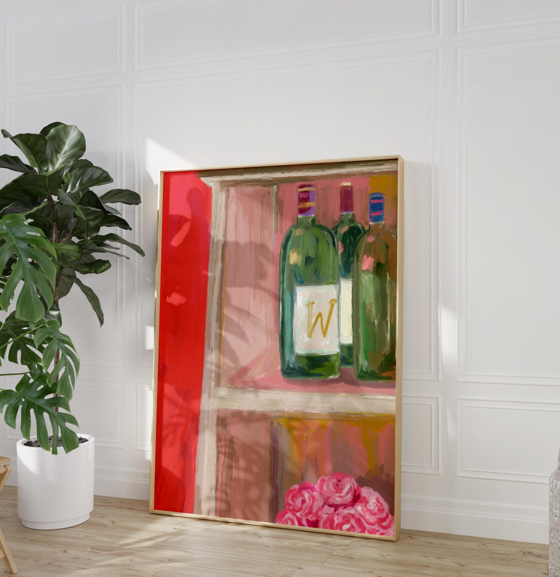 Wine Still Life Bottles Pink Roses Bar Cabinet Chic Wall Poster - Image 2
