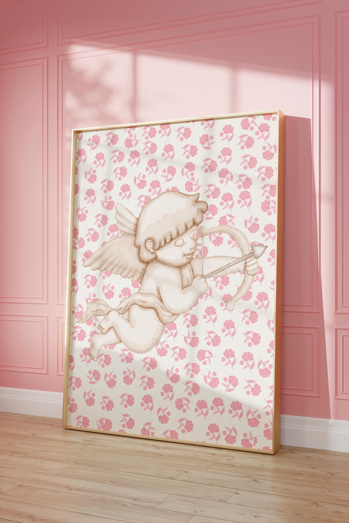 Pink Cherub Angel Wall Art Vintage Cupid Right Floral Nursery Print - Image 2