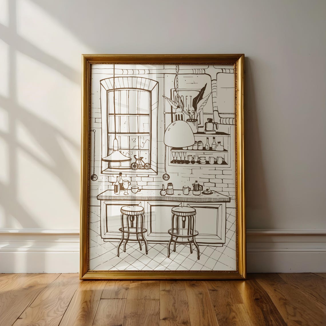 Cozy Coffee Shop Interior Line Ink Sketch Cafe Kitchen Wall Art - Image 3