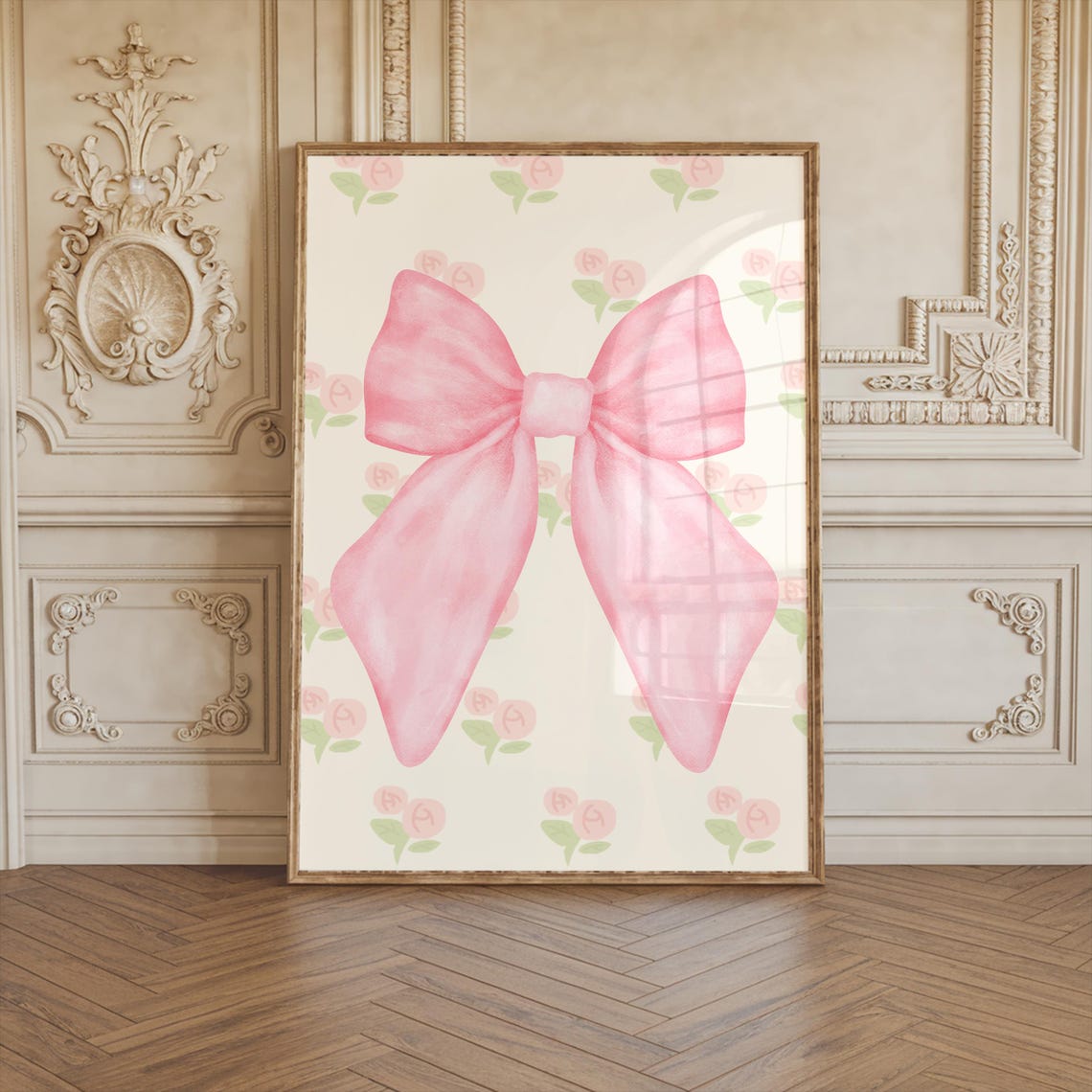 Watercolor Pink Bow Wall Art Soft Ribbon Roses Coquette Nursery Print - Image 3
