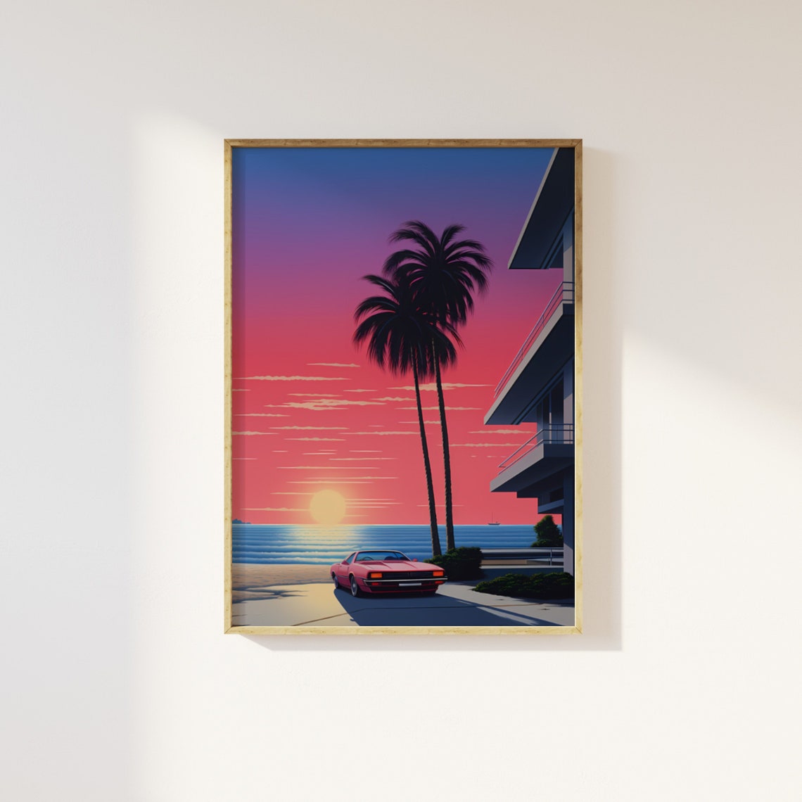Retro Sunset Beach Palm Trees Classic Car City Pop Art Poster