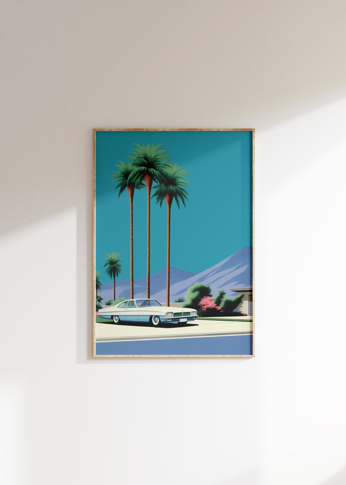 Vintage Retro Palm Springs Classic Car Palm Trees Desert Poster