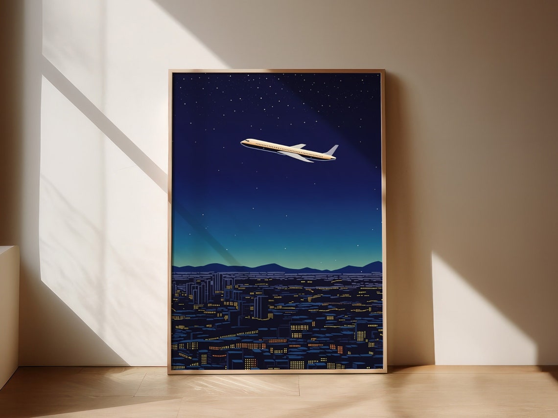 Retro Night Flight Airplane Over Glowing City Lights Travel Poster