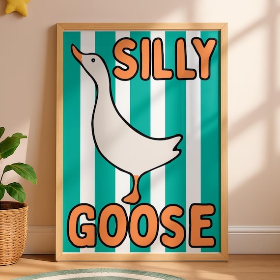 Silly Goose Funny Cartoon Goose on Teal Striped Nursery Poster