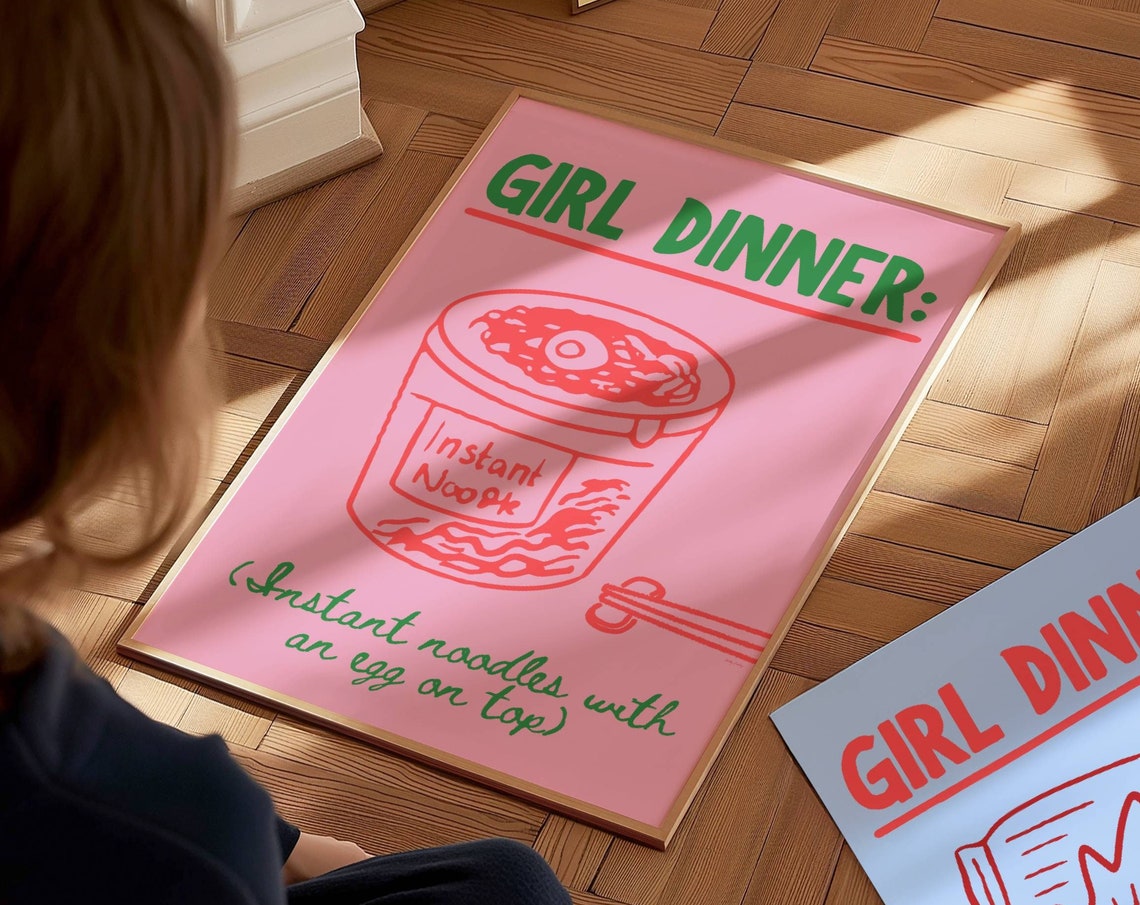 Pink Girl Dinner Instant Noodle Cup Fried Egg Hand Drawn Poster Decor