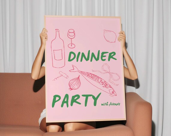 Dinner Party With Friends Pink Hand Drawn Food Illustration Poster