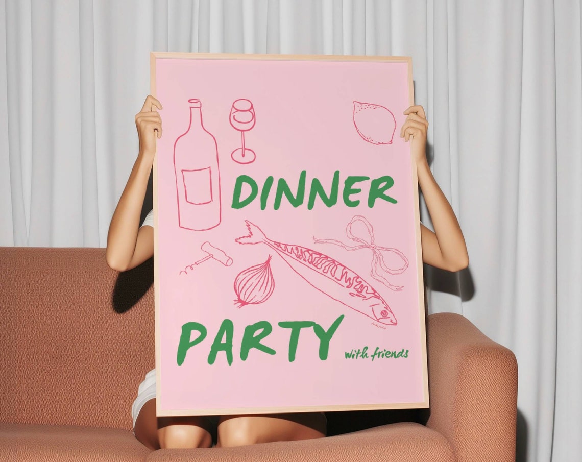 Dinner Party With Friends Pink Hand Drawn Food Illustration Poster