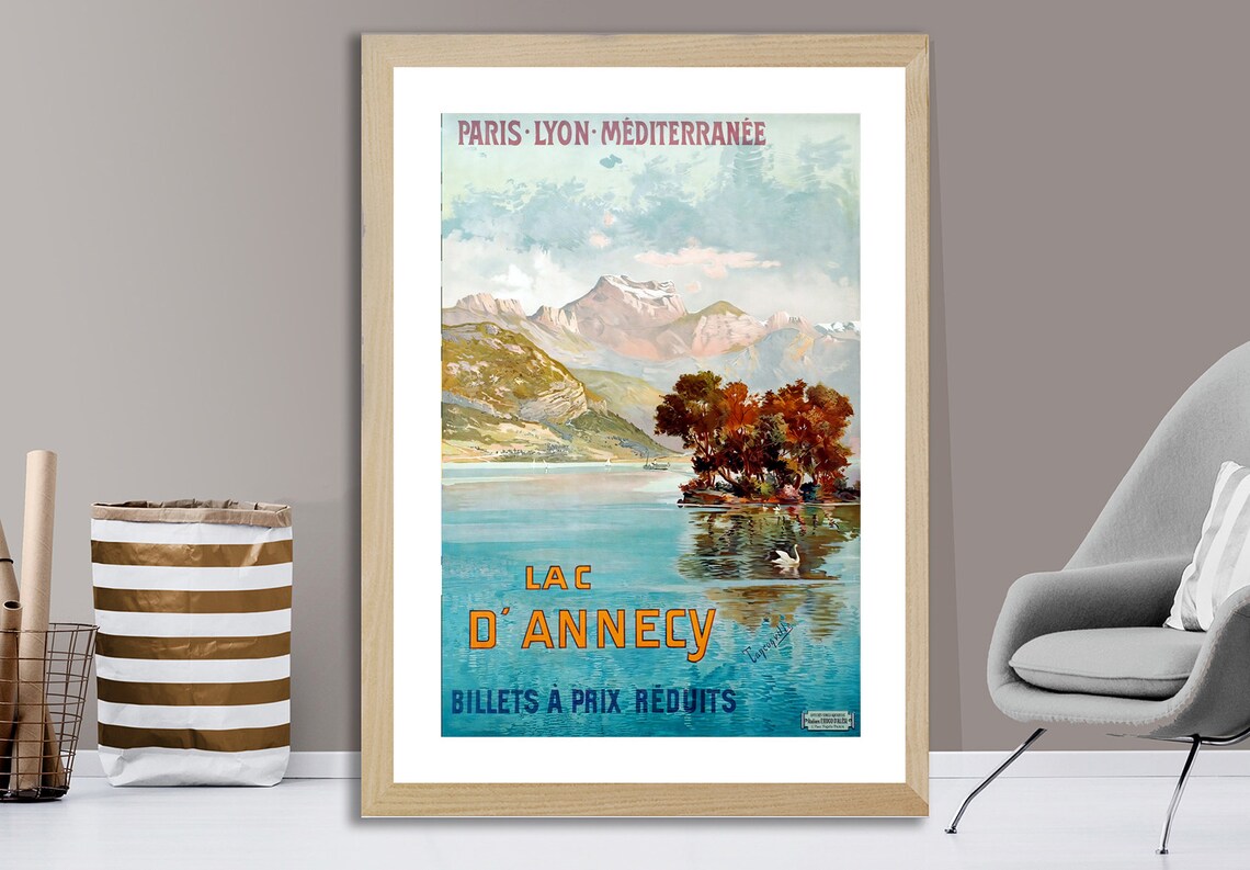 Lac D Annecy Alpine Lake Swans Mountains Vintage French Travel Poster